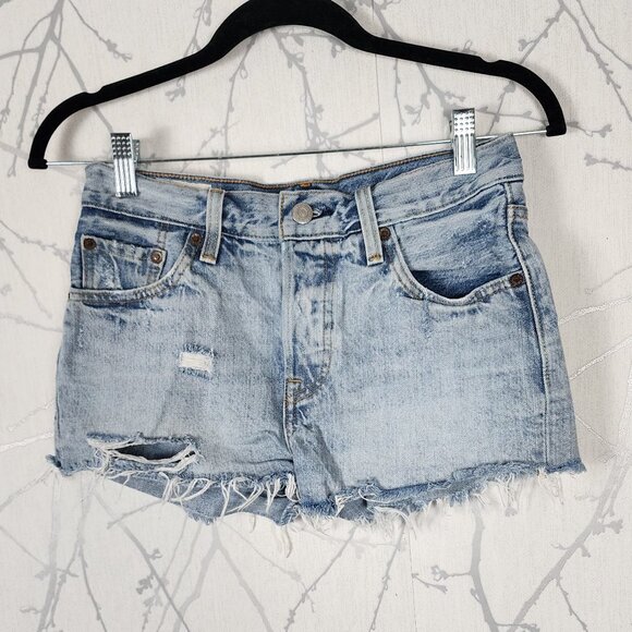 Levi's Light Wash Distressed Ripped High Rise 501 Shorts - Picture 1 of 5